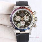 Swiss Replica Rolex Rainbow Daytona Black Face With Diamonds Oysterflex Strap Watch